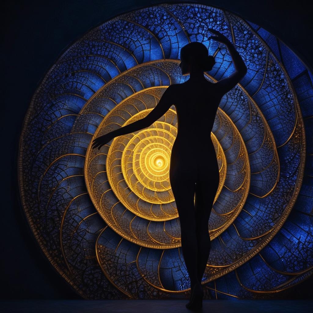 A golden spiral made of glowing neon numbers (Fibonacci sequence) winding around a human silhouette