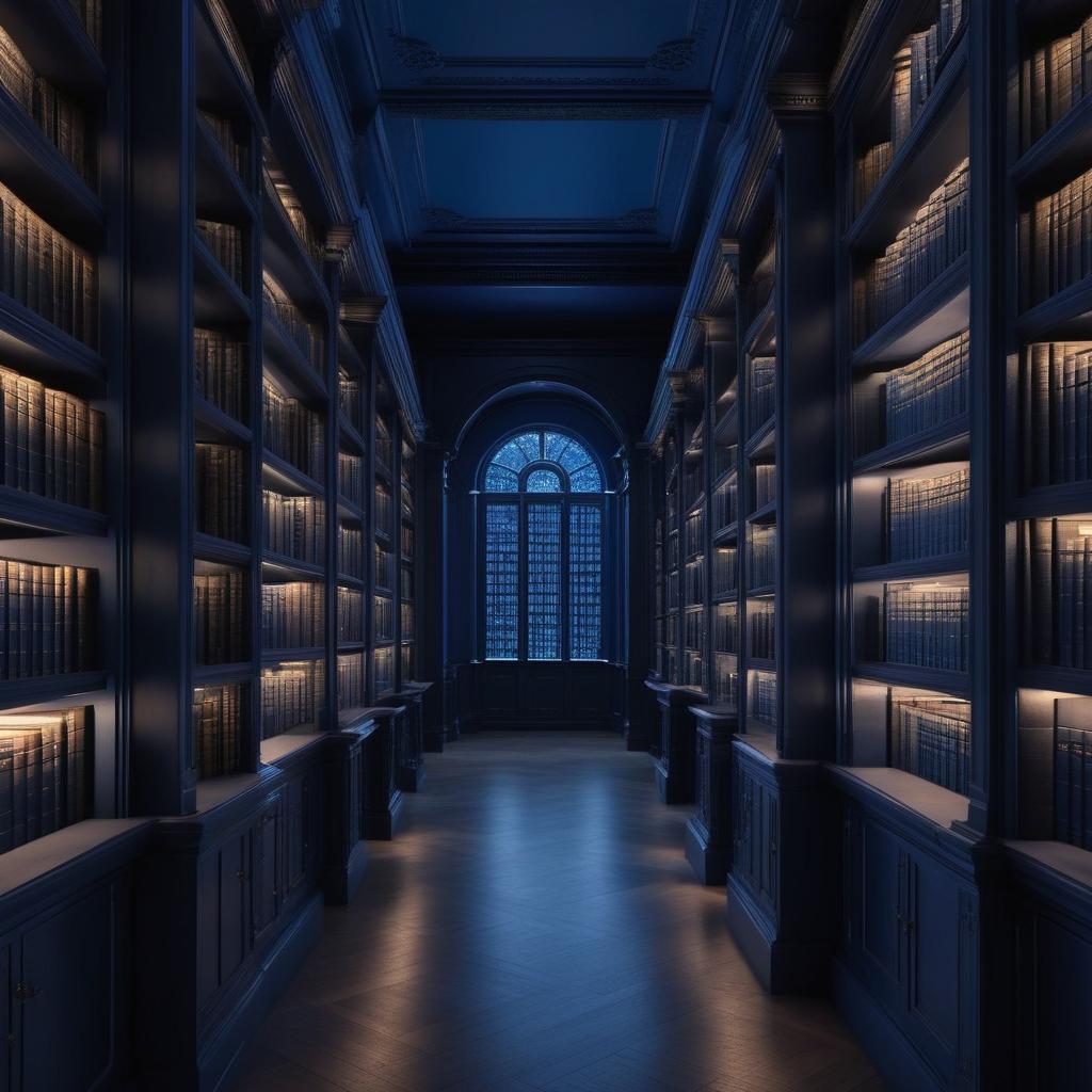 A surreal library where the shelves are labeled with repeating numbers that glow with a soft blue light