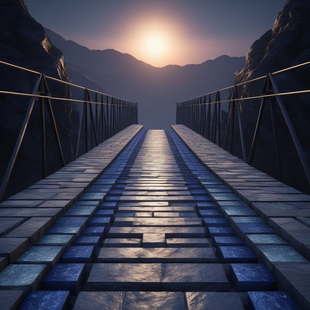 A celestial bridge where each step is a different number, leading into a sun made of geometry