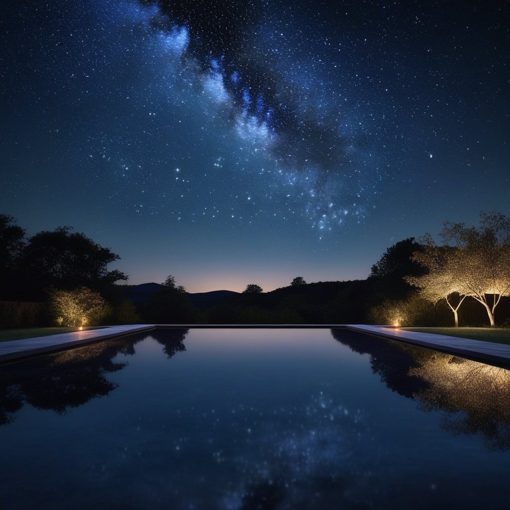 A peaceful evening scene where the constellations in the sky are arranged into the shape of 11:11 over a reflecting pool