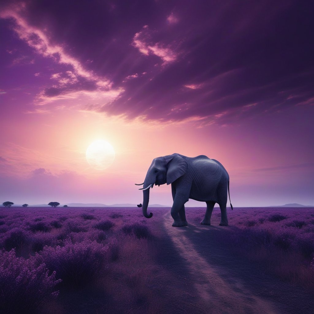 A cinematic wide shot of a vast plain under a purple sky, where a giant white elephant made of clouds is walking toward a sun