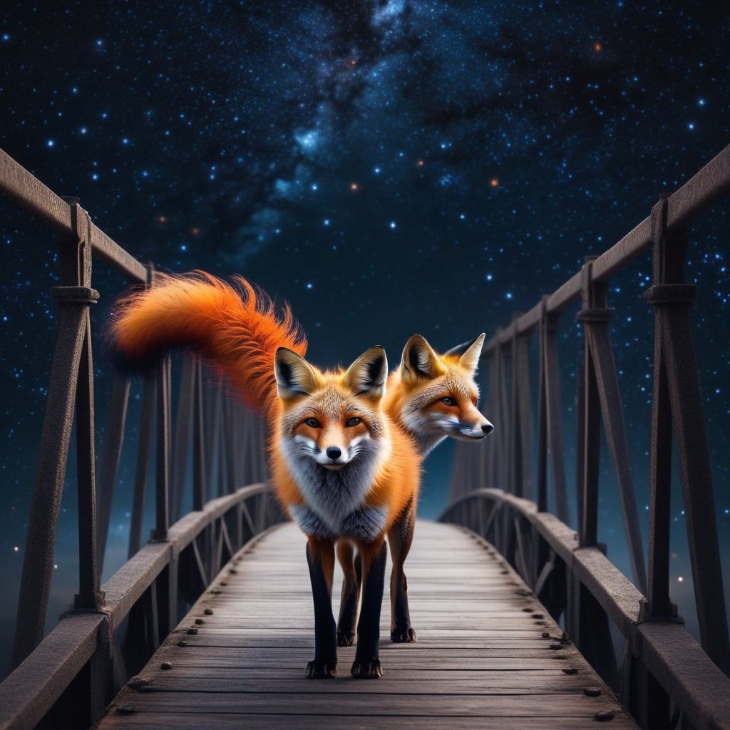 A surreal image of a fox with nine tails, where each tail is a different flame of color, walking across a bridge of stars