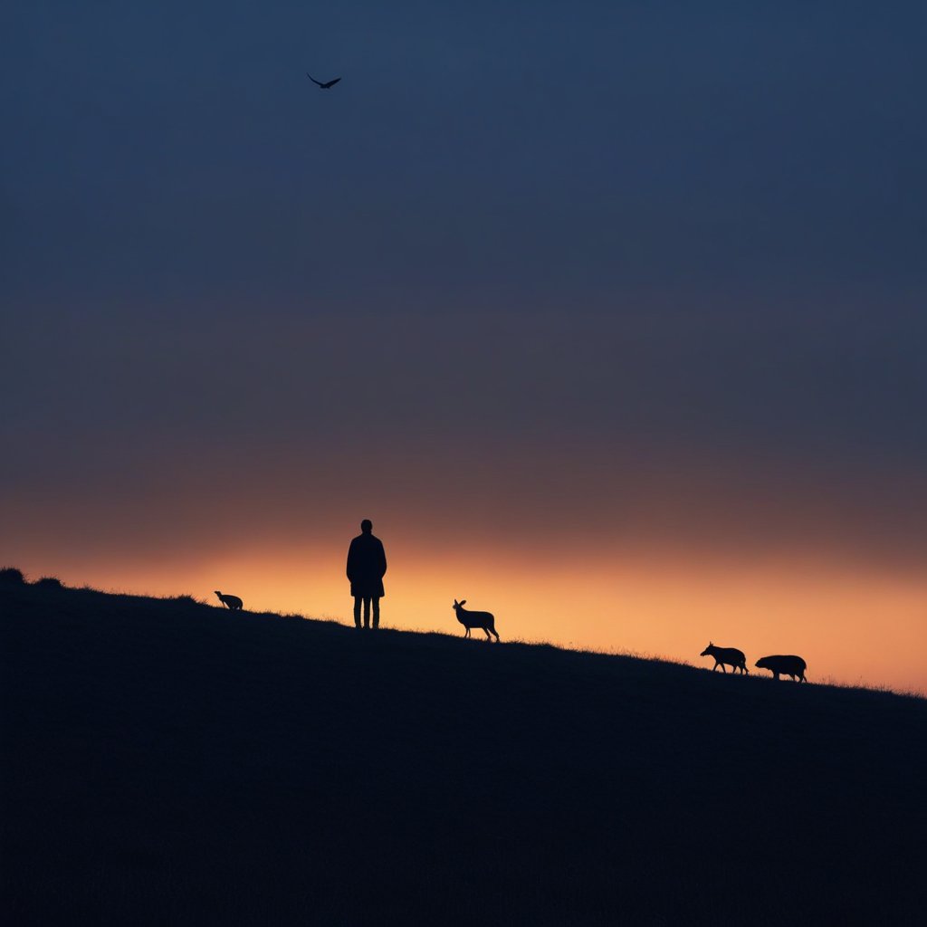 A peaceful silhouette of a person standing on a hilltop at sunrise, with silhouettes of many different animals standing around them