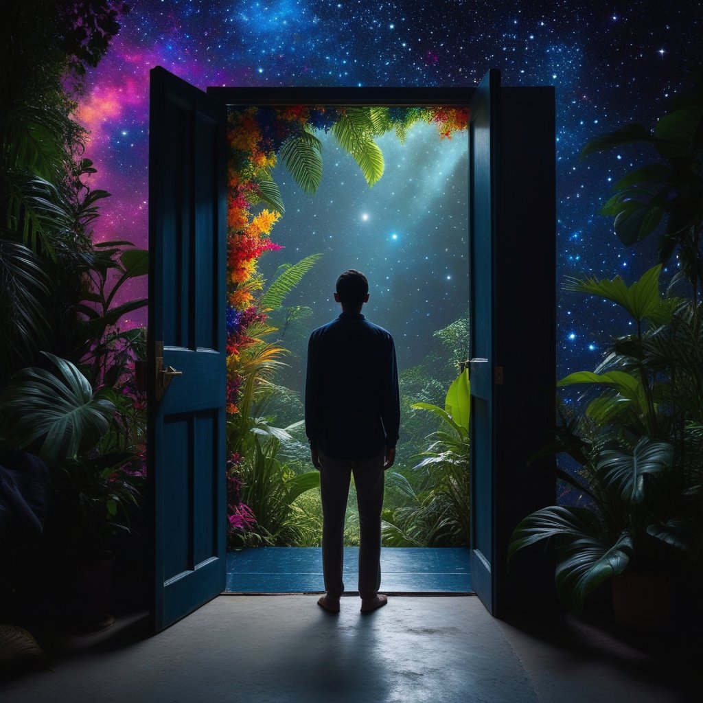 A surreal image of a person standing at a door where one side is a colorful jungle (Lucid) and the other is a vast, calm star-field (Astral)
