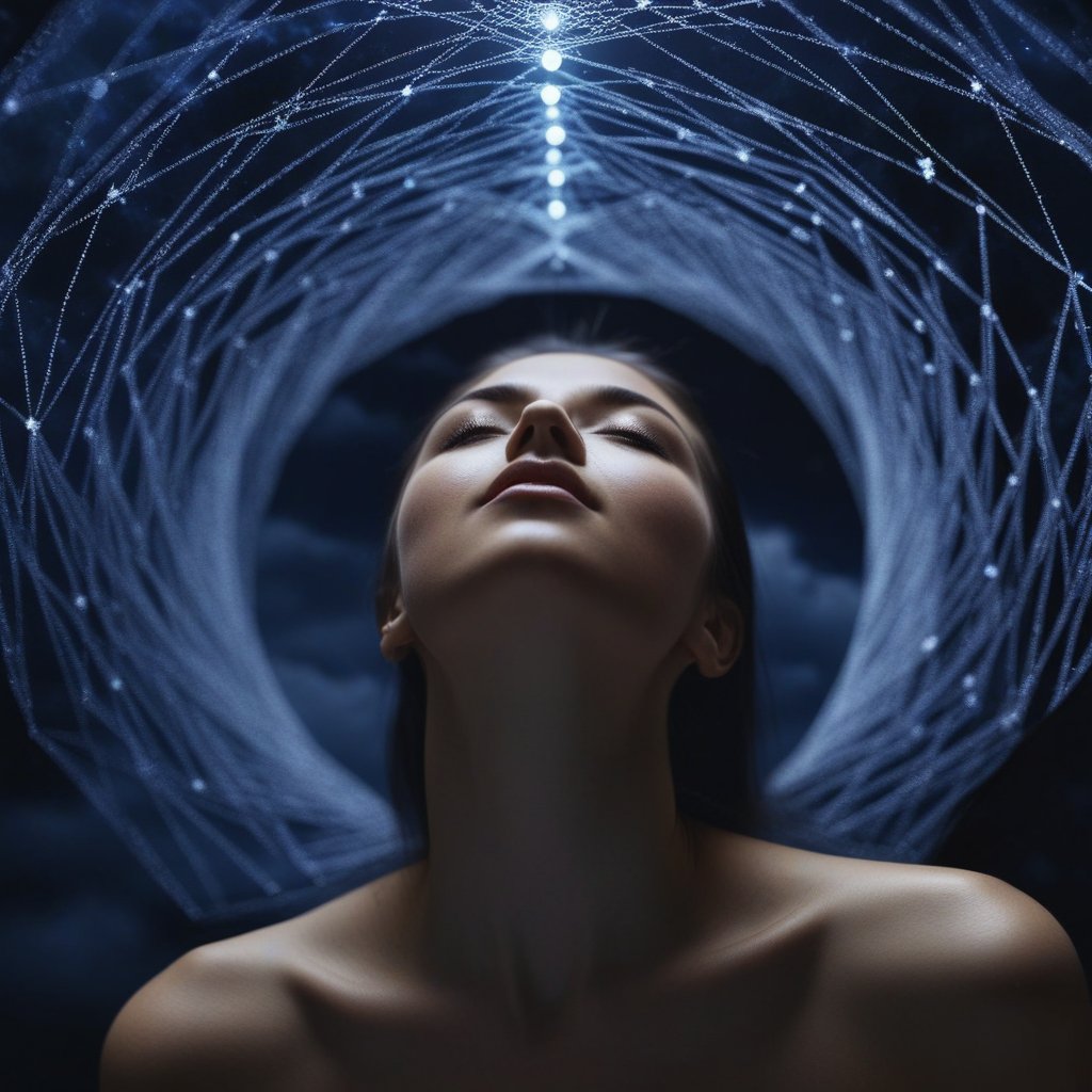A realistic image of a person looking at a silver thread that stretches from their solar plexus out into a vortex of geometric clouds