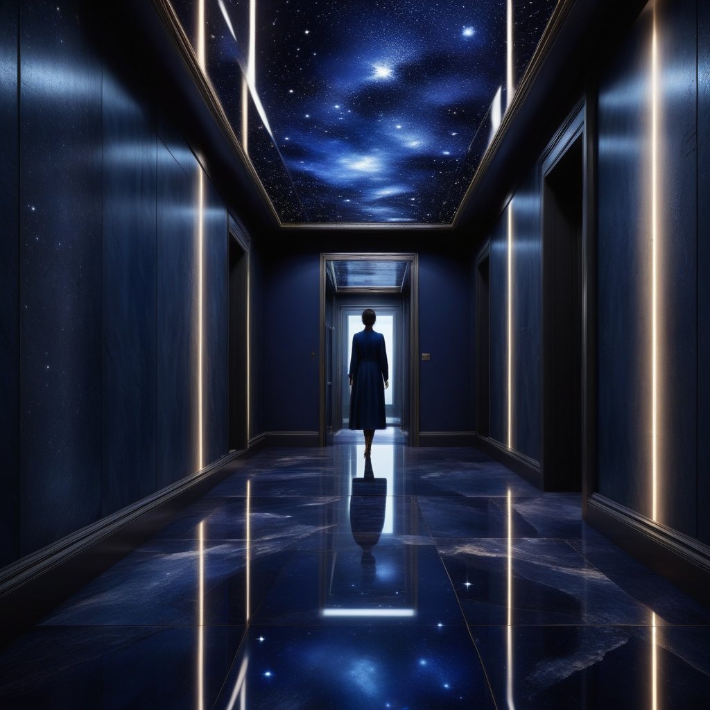 A glass hallway where the floor is a mirror showing the person's physical body, and the ceiling is a starry sky showing their astral body