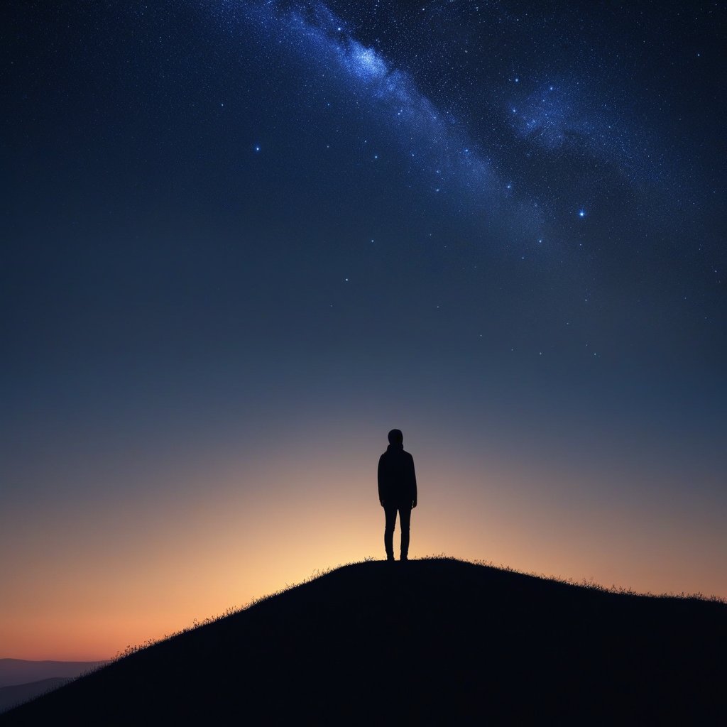 A silhouette of a person standing on a hilltop at sunrise, with their "shadow" being made of stars rising into the sky