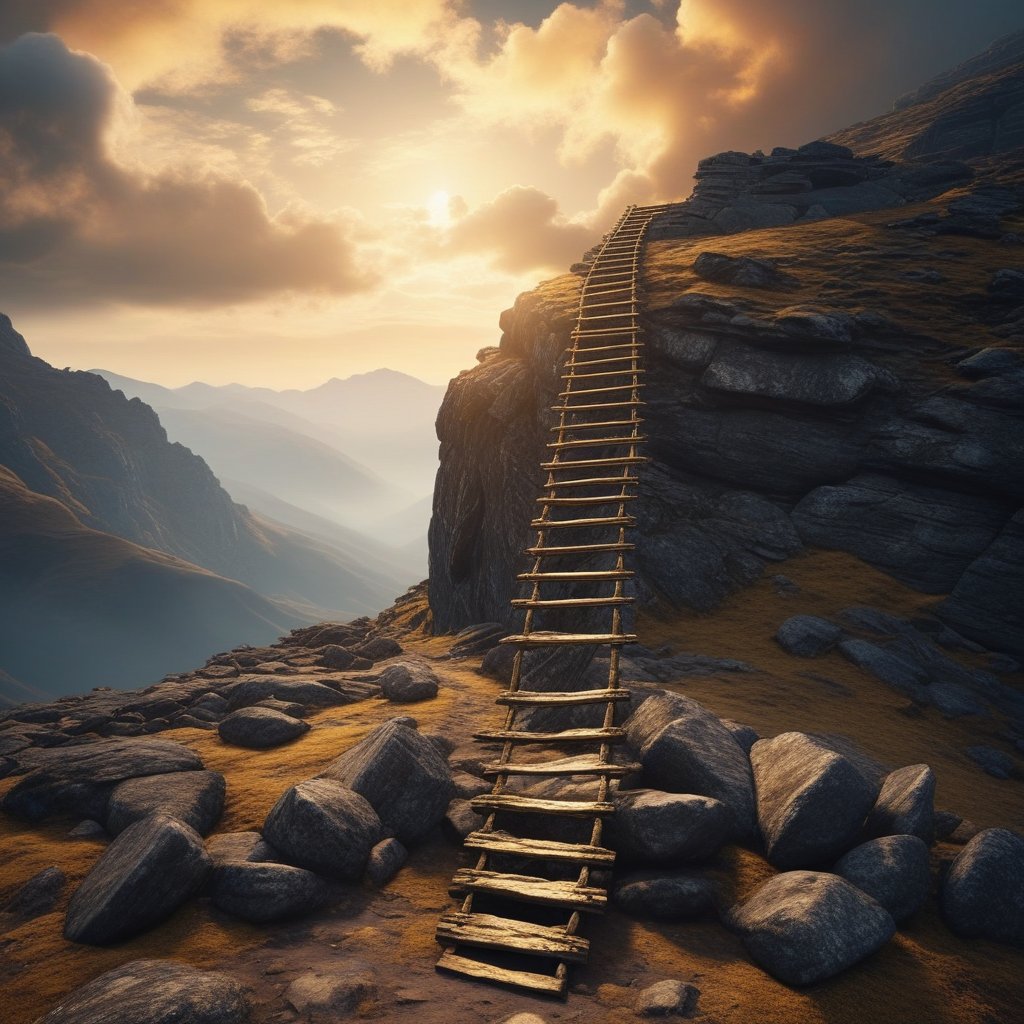 A cinematic wide shot of a giant stone ladder reaching from a peaceful valley up into a golden cloud in the sky