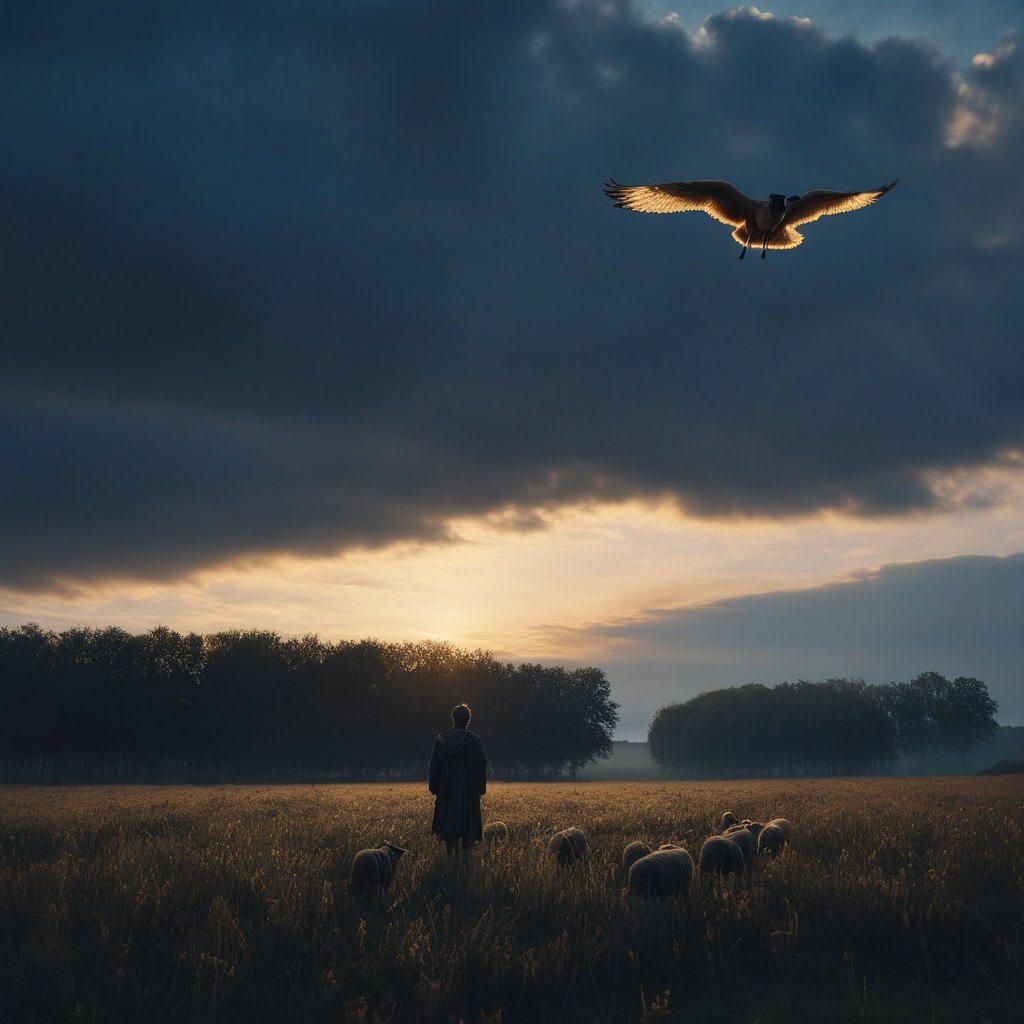 A cinematic wide shot of a peaceful shepherd in a field at dawn, looking up at a sky where the clouds look like golden wings