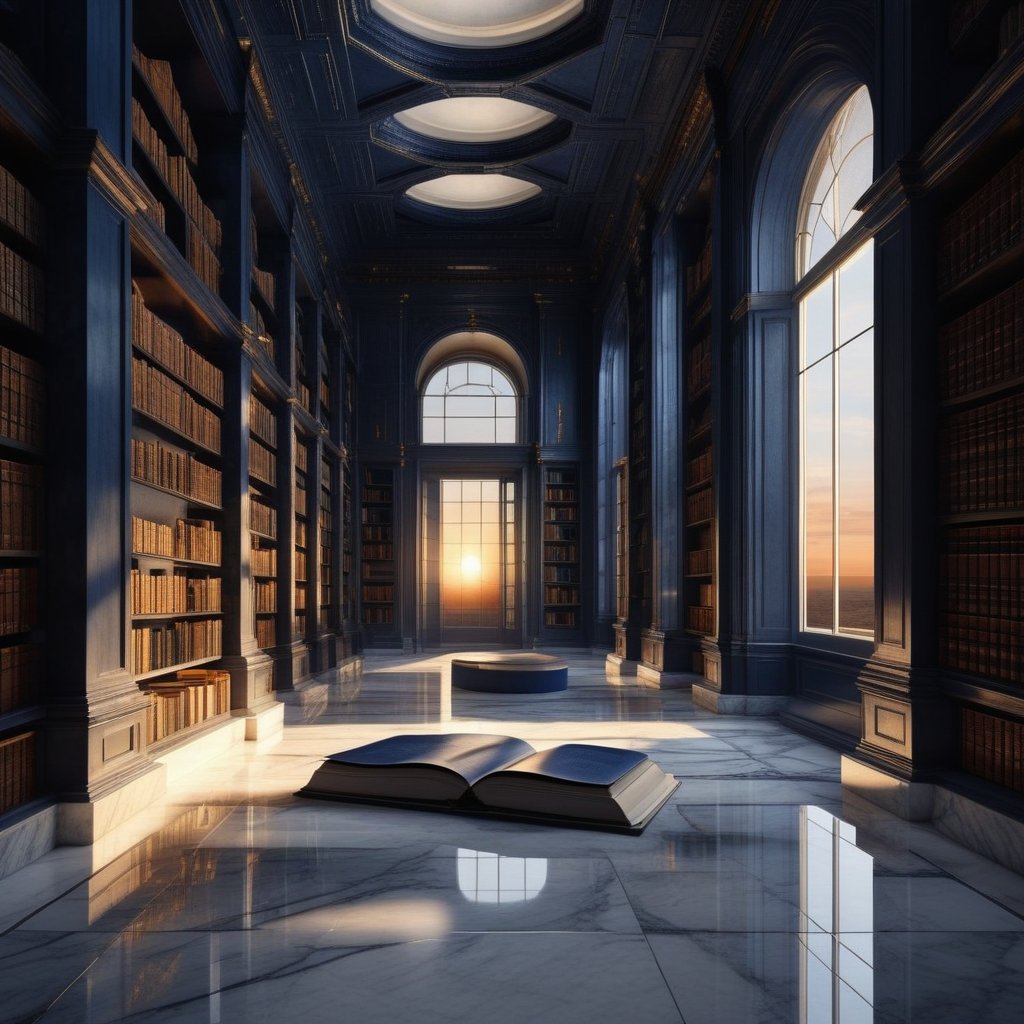 A surreal library where the books are made of white marble and the floor reflects a sun that is setting inside the room