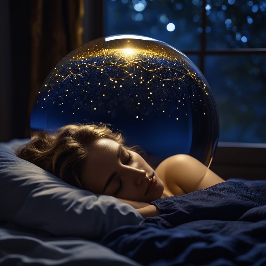 A glass sphere containing a person sleeping in a bed, with a golden thread connecting their forehead to a glowing scroll in the sky
