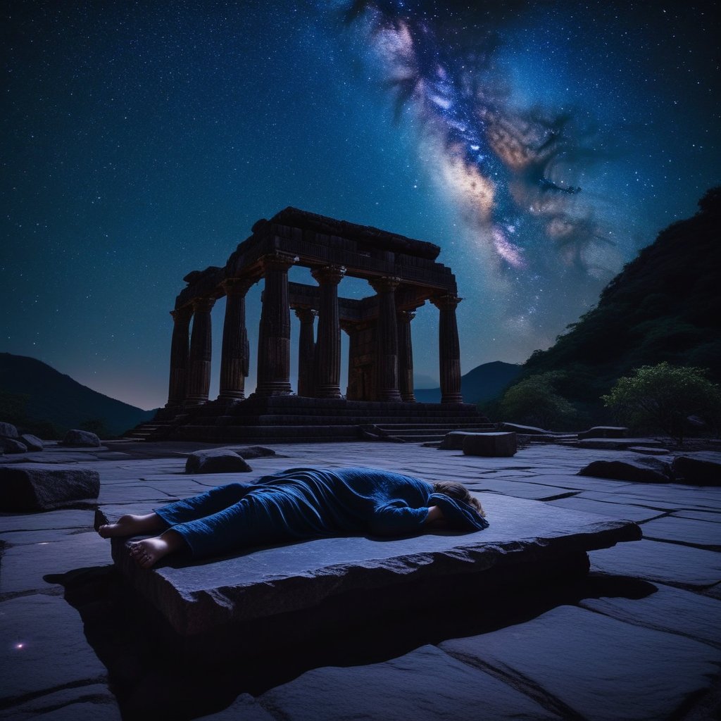 A cinematic wide shot of a peaceful temple ruins at night, with a single person sleeping on a stone slab under the Milky Way