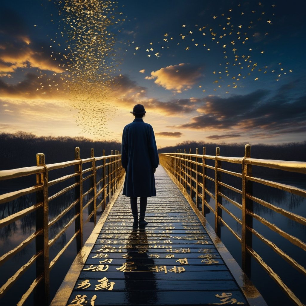 A surreal image of a person standing on a bridge where the water below is made of calligraphy and the sky above is made of gold foil