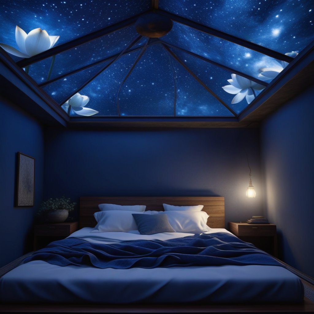 A realistic image of a person sleeping in a bed, with a channel of white light running from their heart up through the roof into a blue lotus in the sky