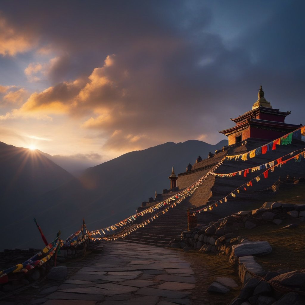 A peaceful sunrise over a Tibetan temple ruins, with many colorful prayer flags blowing in a wind that looks like waves of light