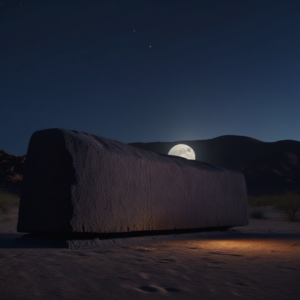 A realistic wide shot of a giant stone headrest glowing in a desert under a full moon, with glyphs appearing on its surface