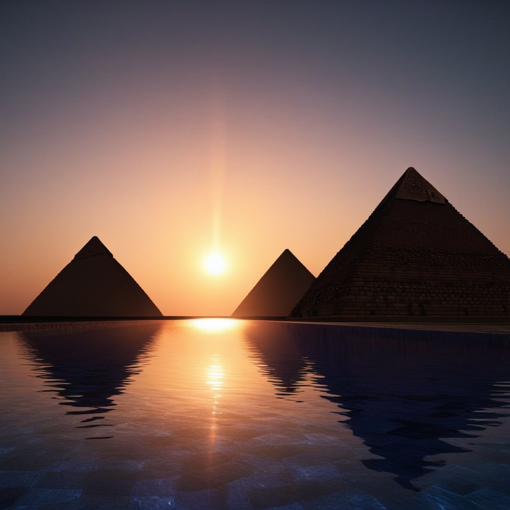 A cinematic shot of the sun rising between two pyramids, with the light reflecting in a calm pool of water like an eye
