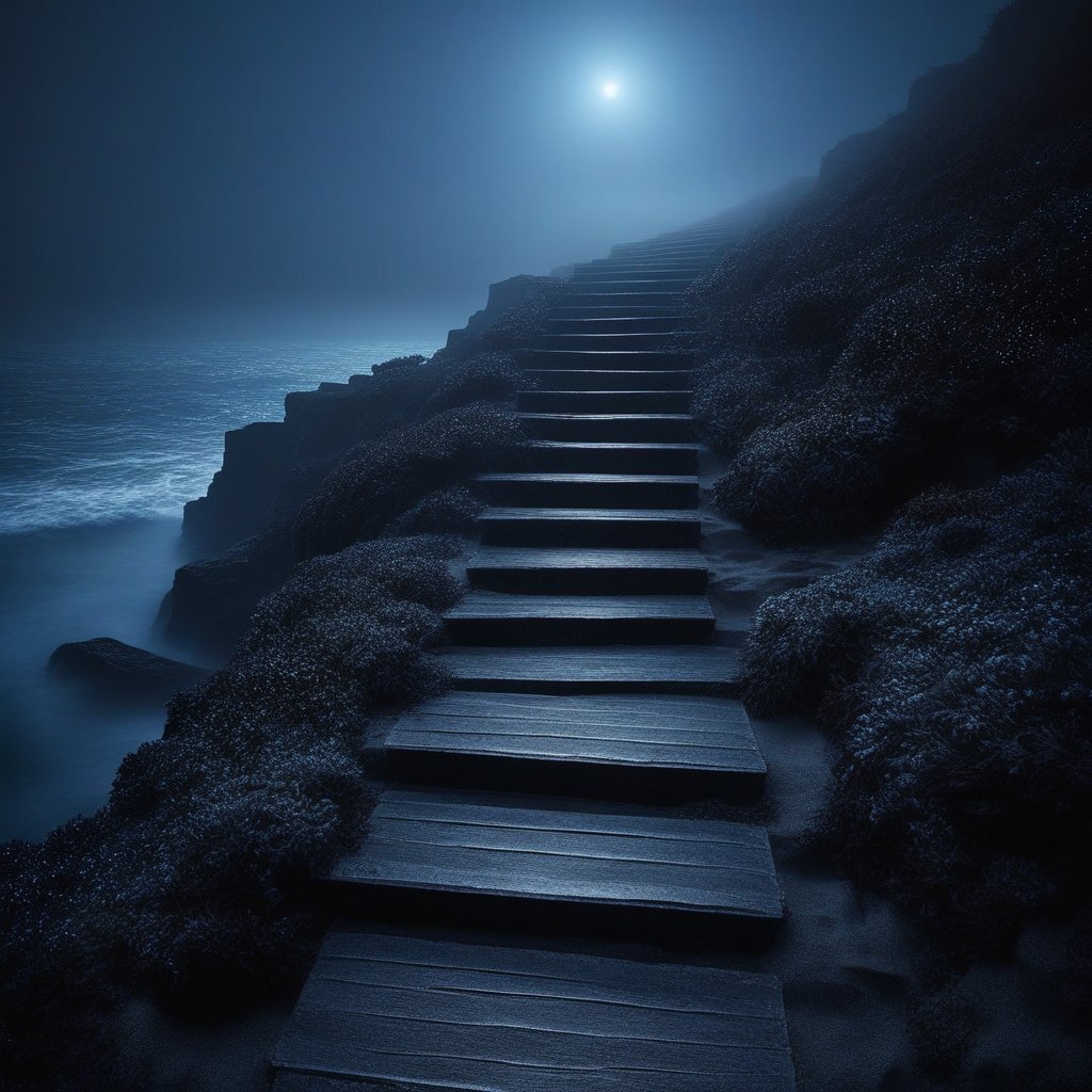 A surreal image of a set of stairs leading into a dark, starlit ocean, with the stairs slowly dissolving into mist