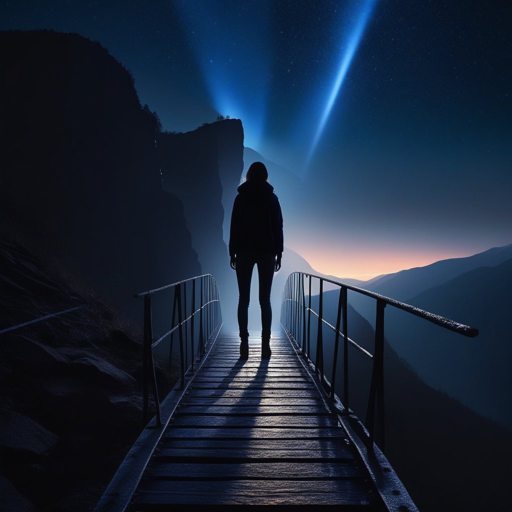 A silhouette of a person standing on the edge of a mountain, with a bridge made of light appearing as they step off