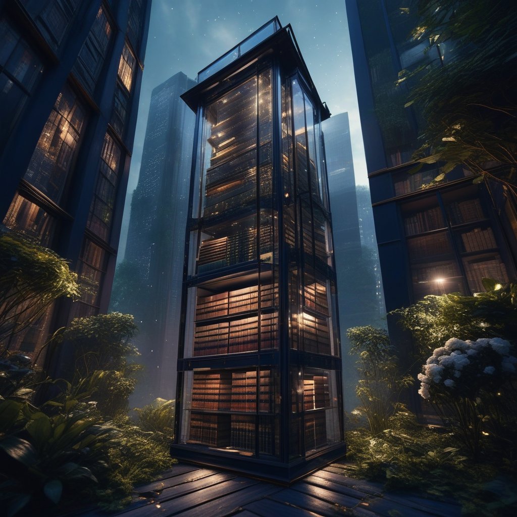 A glass elevator falling through a skyscraper made of books and memories, with the bottom opening into a garden