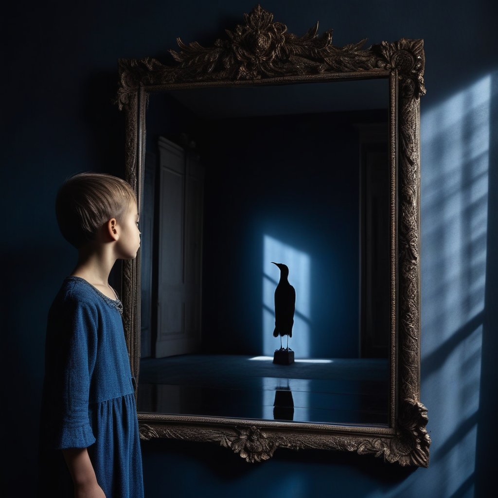 A surreal image of a person looking into a mirror where their reflection is a king, then a child, then a shadow, then a bird
