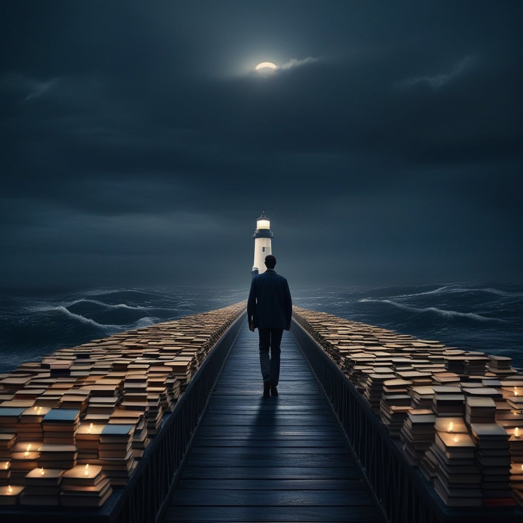 A realistic image of a person walking across a bridge made of books that spans a vast, dark ocean with a single lighthouse in the distance