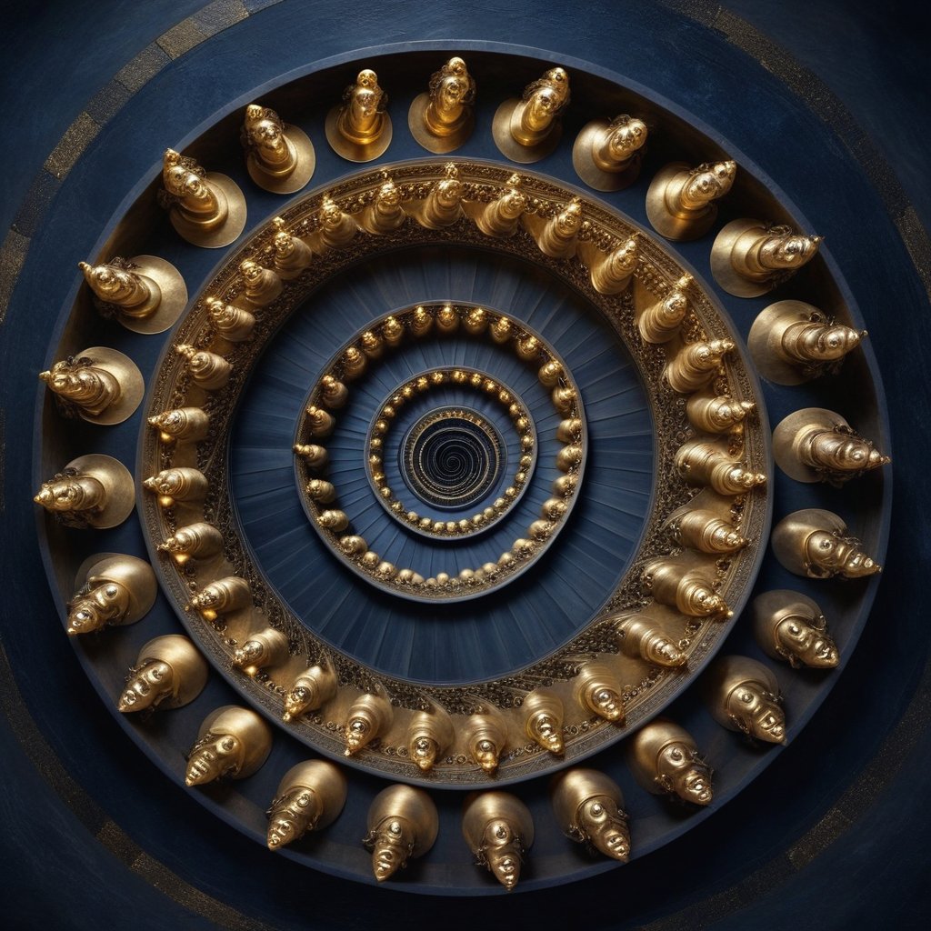 A surreal image of a golden spiral made of many different human faces spinning into a single point of light