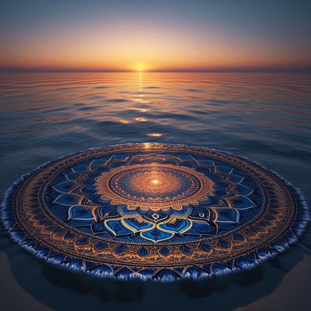 A peaceful sunrise over a calm sea, where the ripples in the water create a giant, glowing mandala