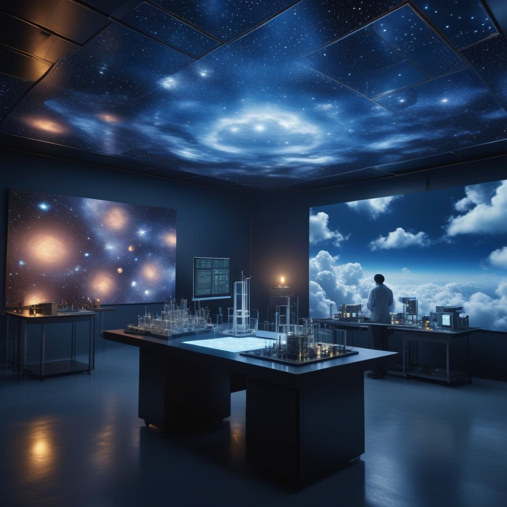 A high-tech laboratory inside a cloud where scientists are looking at floating 3D projections of dream symbols
