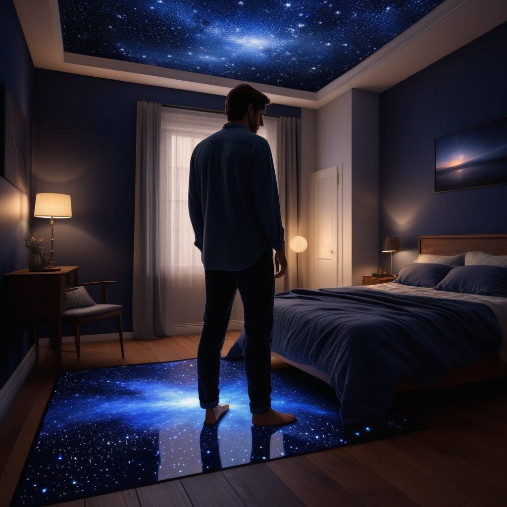 A realistic image of a person standing in their bedroom, with the floor turning into a holographic map of the stars