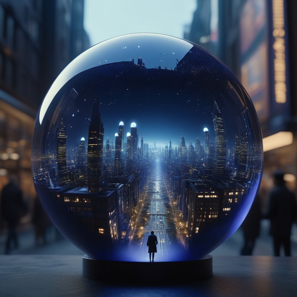 A glass sphere containing a person flying over a miniaturized city, with a digital HUD showing 'Lucidity: 100%'
