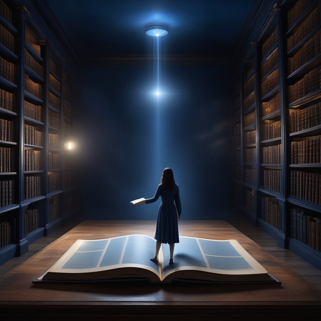 A surreal library where the books are floating and a transparent figure is pointing to a specific page of light