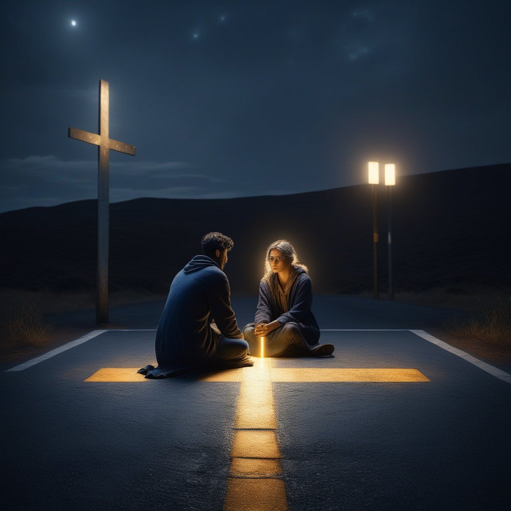 A realistic image of a person sitting at a crossroads, with two glowing figures—one silver, one gold—standing behind them