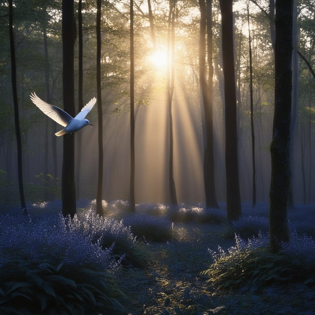 A peaceful sunrise over a calm forest where a single, glowing white bird is taking flight toward the sun