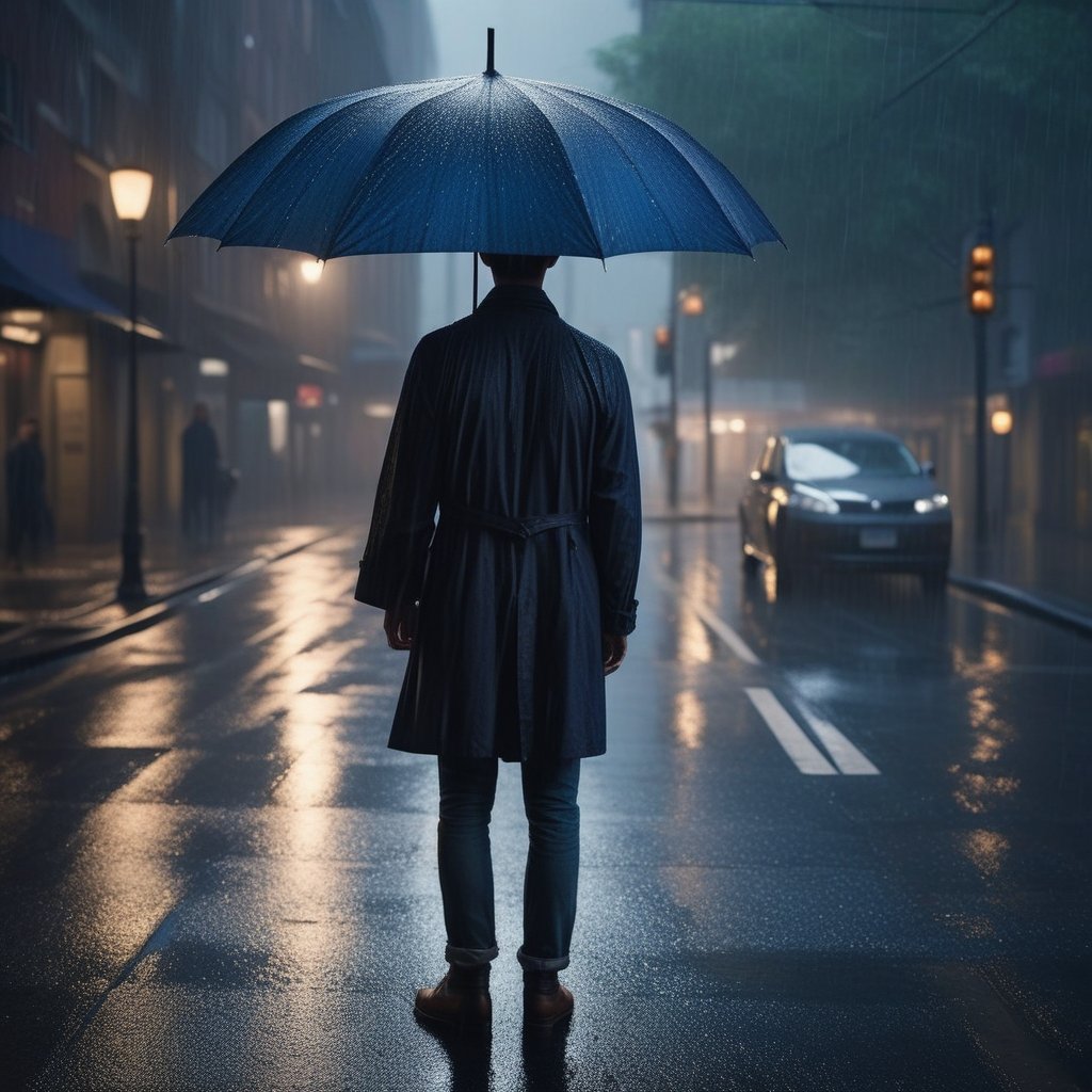A realistic image of a person standing at a crossroads in the rain, with a single umbrella made of light
