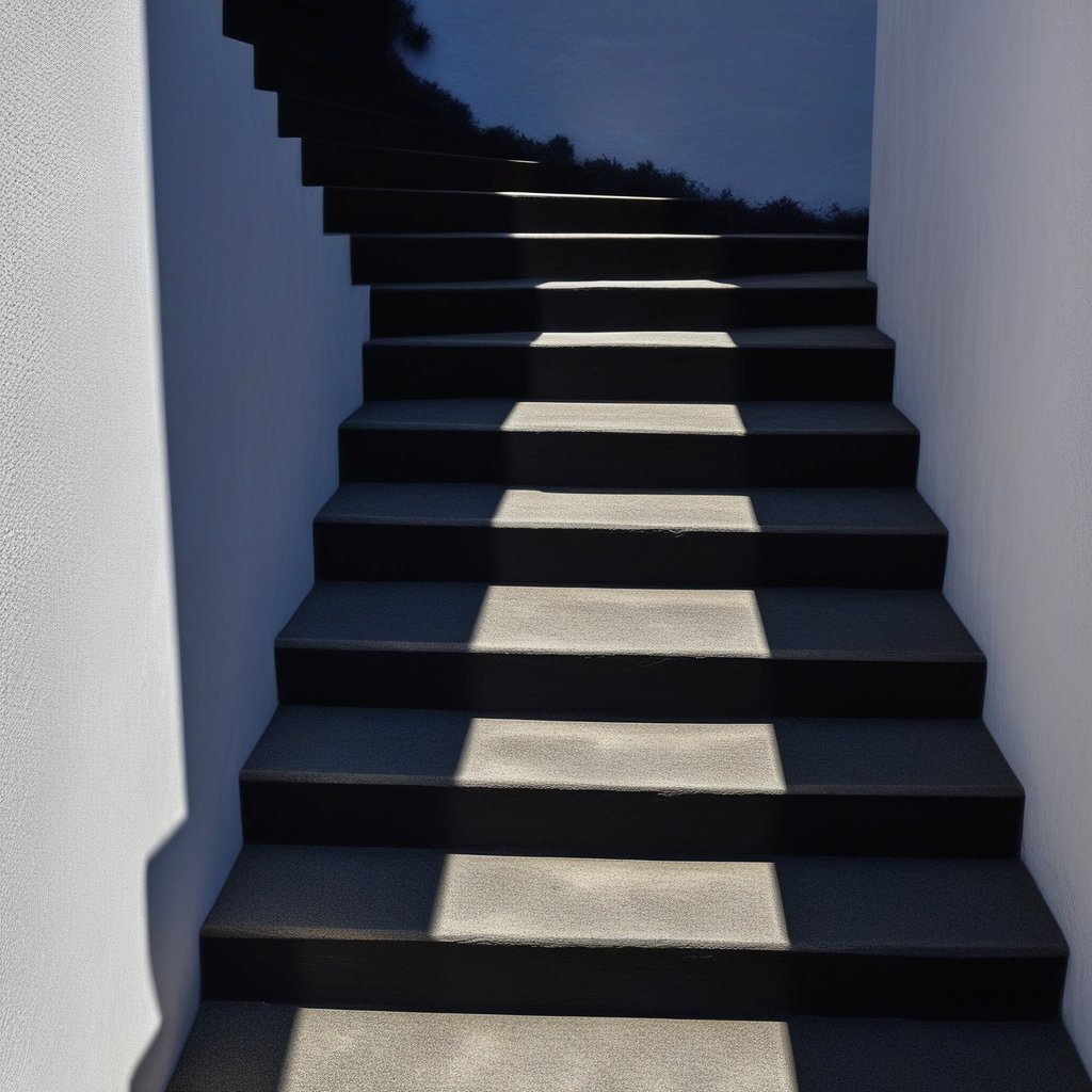 A surreal image of a set of black stairs leading into a white sun, with the shadows of the stairs turn into stars