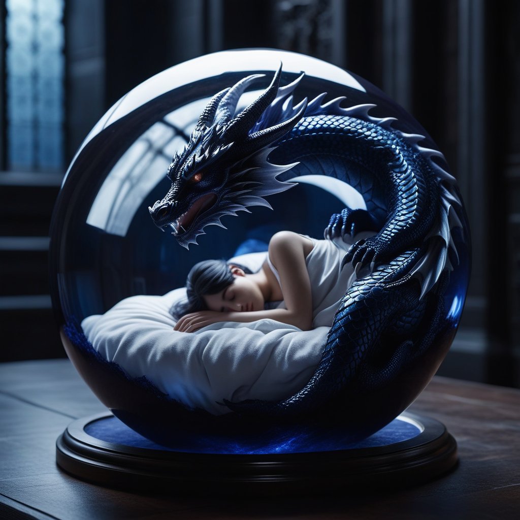 A glass sphere containing a person sleeping, with a dark dragon outside the sphere and a soft white dragon inside the sphere