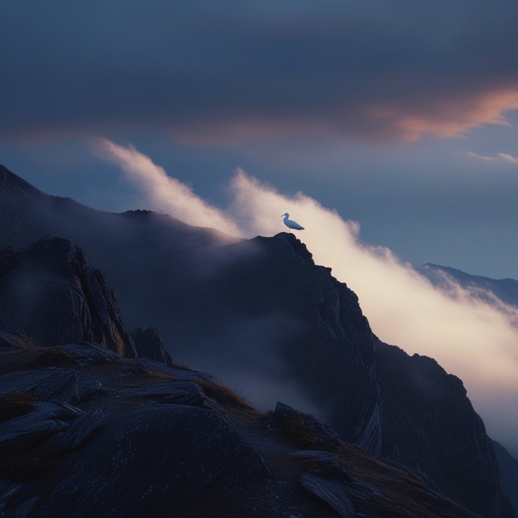 A cinematic wide shot of a peaceful mountaintop at dawn, where the clouds look like the wings of a giant white bird