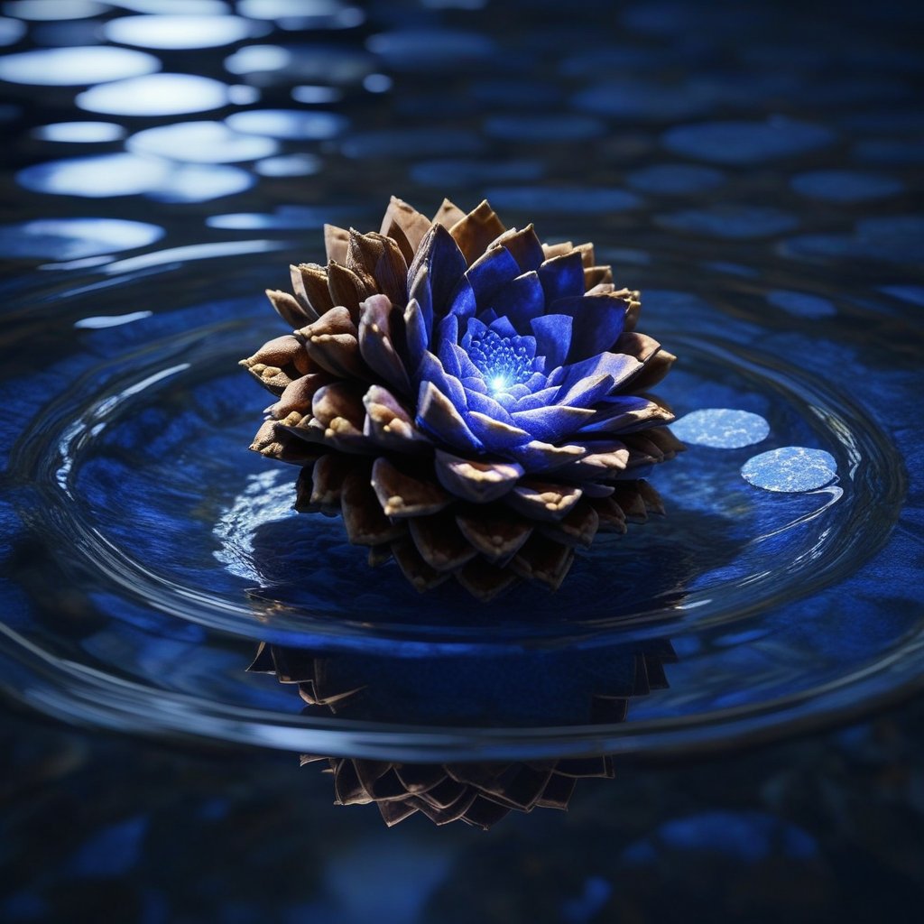 A realistic image of the pineal gland shape (the pinecone) floating in a pool of liquid light, with geometric patterns radiating outward