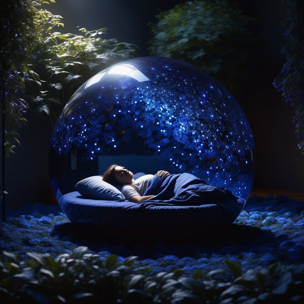 A glass sphere containing a person sleeping in a bed, with their shadow floating through a garden of glowing fractals