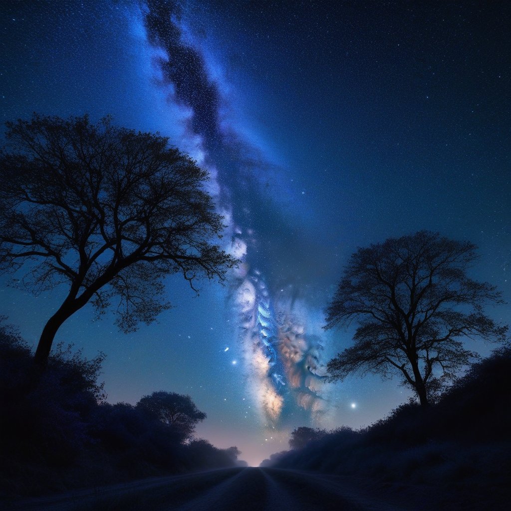 A peaceful evening landscape where the silhouettes of trees turn into neural pathways against a sky full of galaxies