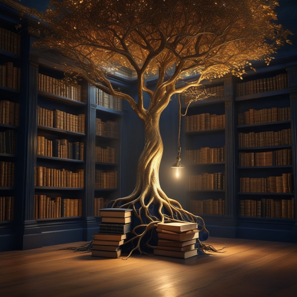 A surreal library where books are growing on a tree with umbilical-like roots, in a soft golden light