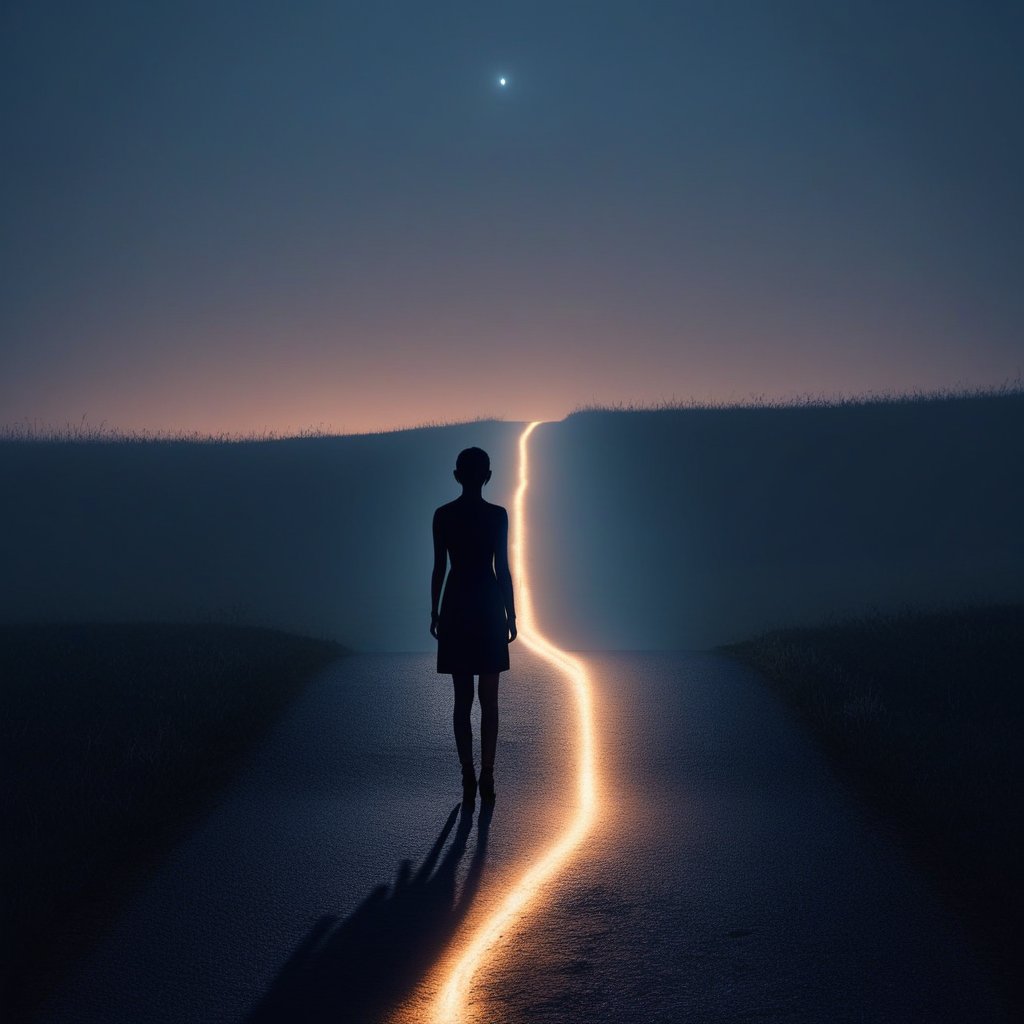 A silhouette of a person standing at a crossroads, with one path glowing with a soft, fetal-like light
