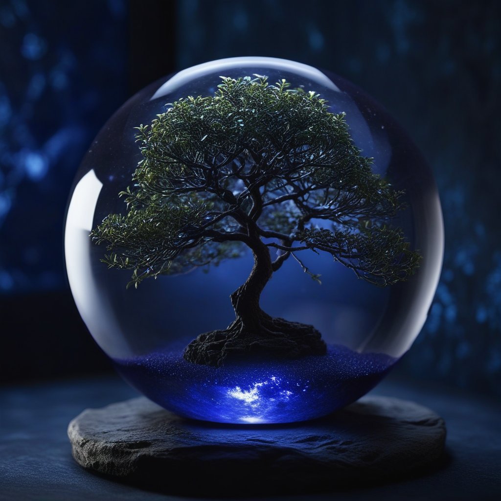 A glass sphere containing a small, glowing tree, floating in a dark indigo room decorated with ancient symbols