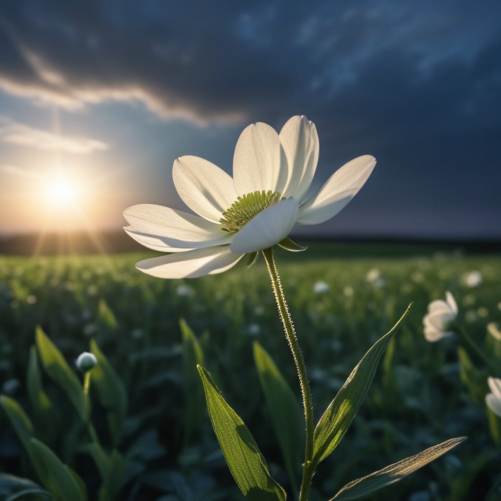 A peaceful sunrise over a green field with a single white flower in full bloom, symbolizing the successful birth