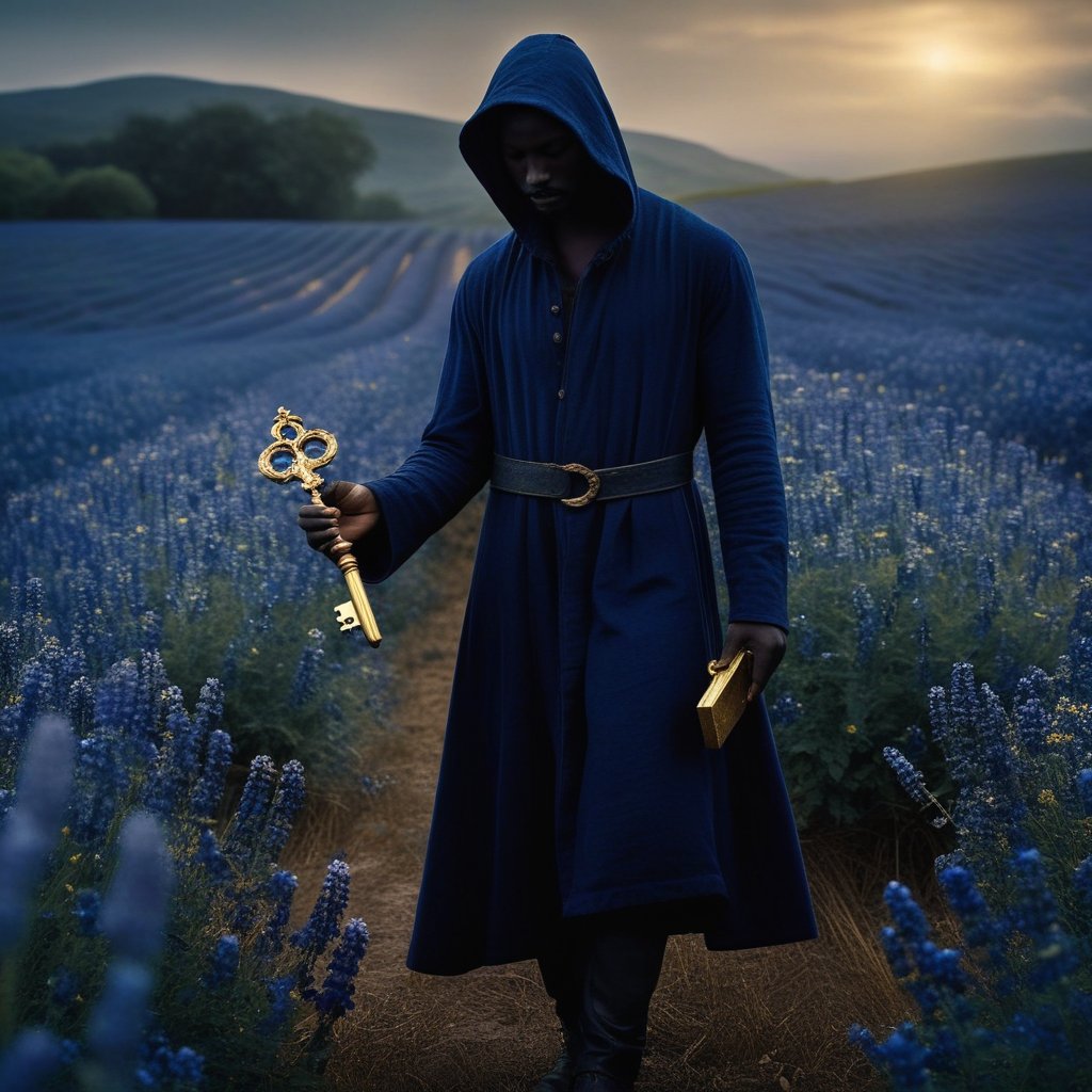 A surreal image of a dark figure handing a golden key to a person in a field of indigo flowers