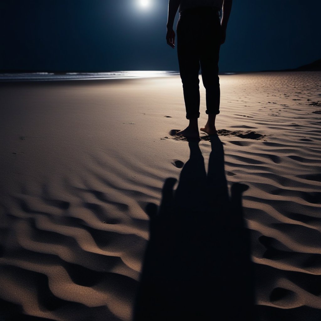 A cinematic wide shot of a person and their shadow standing on a beach at night, with the shadow turning into white light