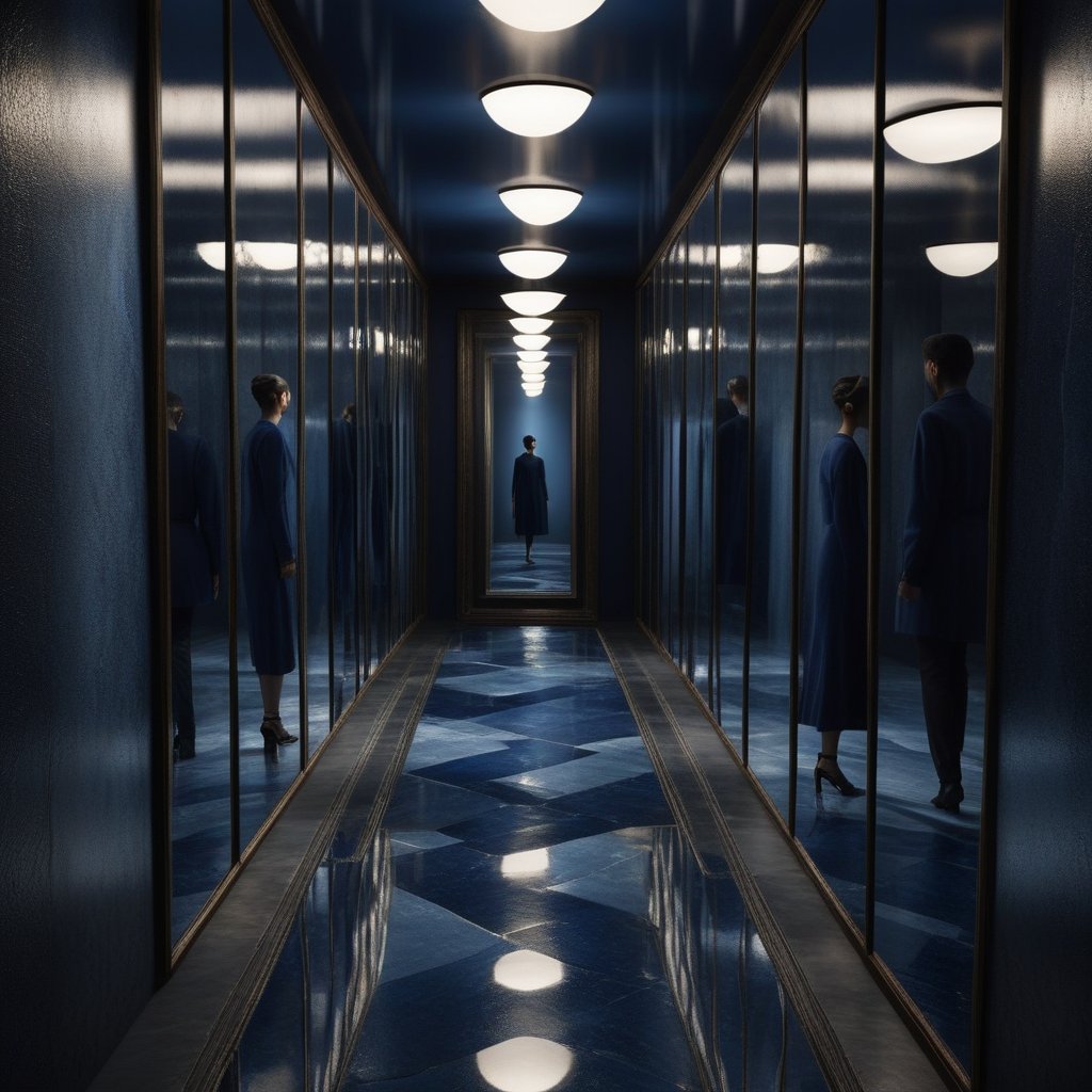 A glass hallway where mirrors reflect different versions of a person—some dark, some light, all smiling