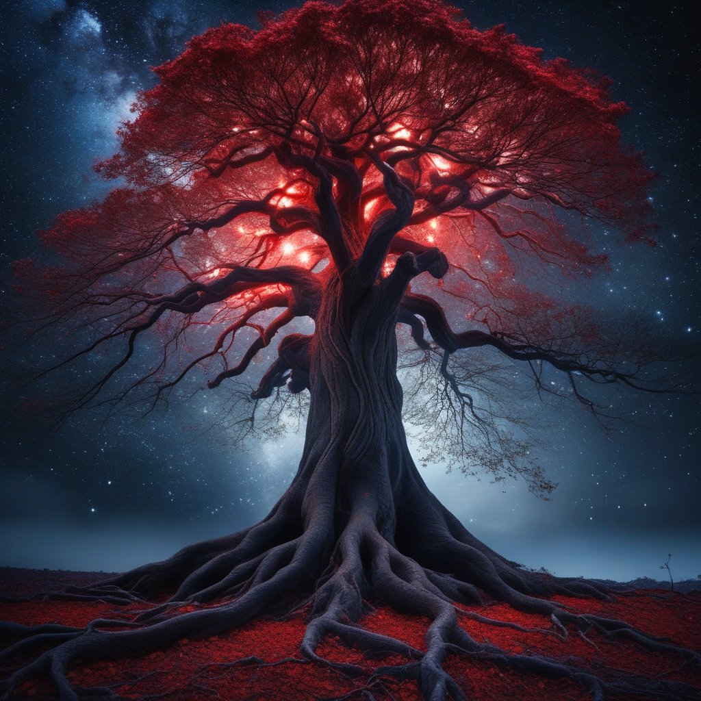 A surreal image of a giant tree where the roots are glowing with red energy and the branches are made of white light and stars