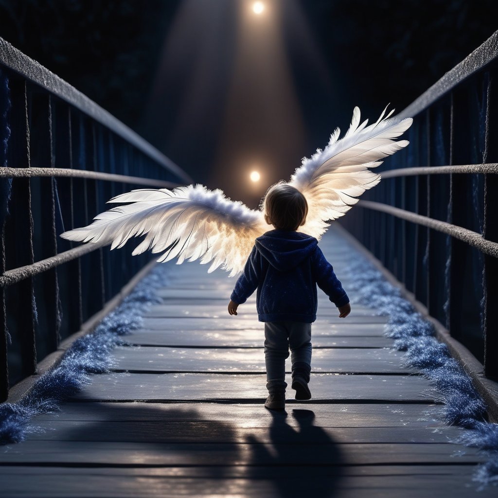 A realistic image of a person holding a small, glowing child made of stardust, walking across a bridge made of white feathers